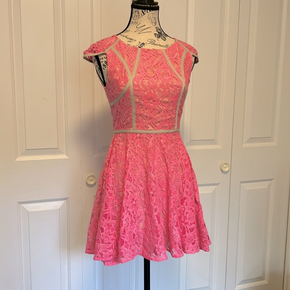 Bright and Vibrant Unique Pink Lace with Beige Undertone Dress - Picture 3 of 4